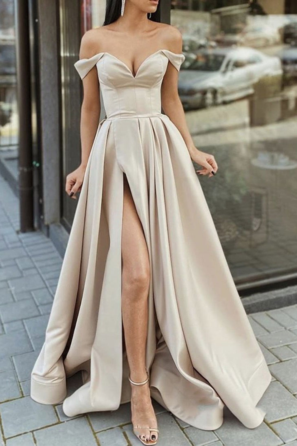 Off Shoulder Champagne Satin Long Prom ...